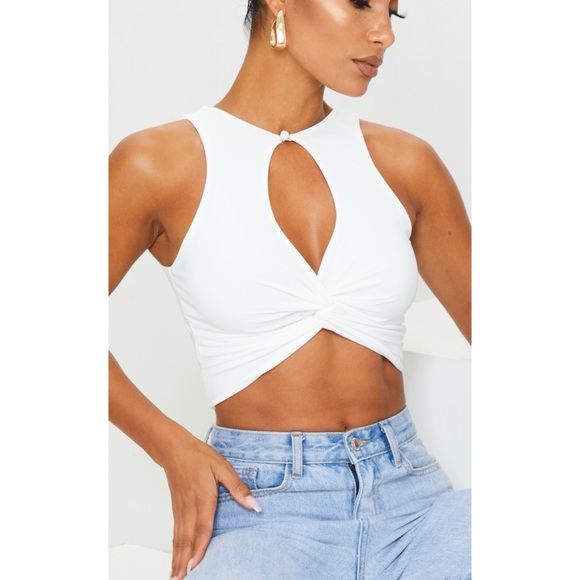 Pretty Little Thing White Slinky Cross Front Key Hole Crop Top Small - Picture 5 of 6